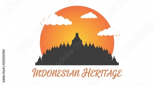 Borobudur Temple Sunset: A silhouette of the ancient Borobudur Temple is set against a vibrant orange sunset sky, with fluffy clouds drifting by, symbolizing Indonesian cultural heritage.