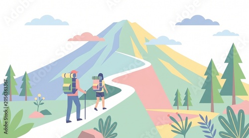Hiking Adventure: Two hikers with backpacks ascend a winding path towards a majestic, colorful mountain, surrounded by lush greenery and fluffy clouds.
