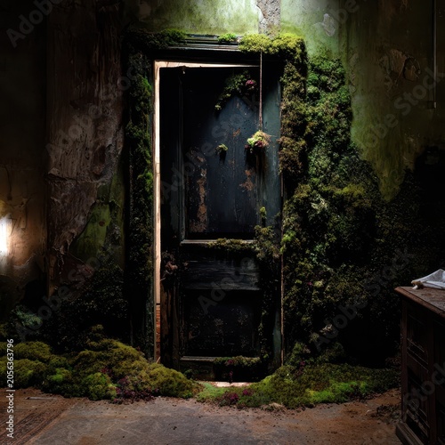 Dark door overgrown with moss in a dilapidated room.