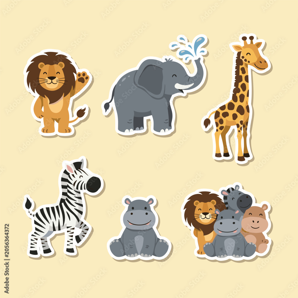 Obraz premium Cute wild animal sticker pack featuring lion elephant zebra and hippo