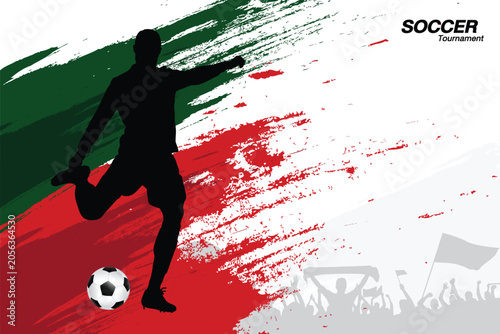 This dynamic football match  features a striking silhouette of a footballer kicking a ball amidst cheering fans , conveying the spirit of competition and passion for the sport.