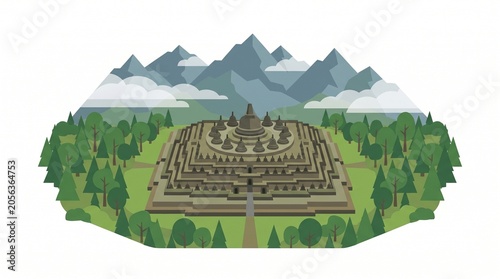 Majestic Temple Complex: An ancient Buddhist temple structure, surrounded by lush green trees and majestic mountains, stands as a testament to rich cultural heritage and architectural grandeur.