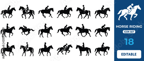 Bild auf Leinwand Equestrian Riding Silhouettes Collection with Horse and Rider Actions