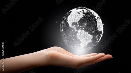 Global Connectivity Held in Hand: A hand gently supports a luminous, digitally rendered globe, symbolizing worldwide connections and the dawn of a new technological era.