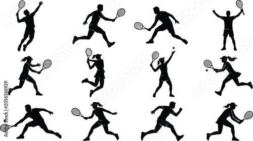 Photos Collection of black silhouettes of male and female tennis players in various act