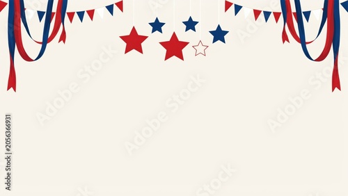 Bunting flags and ribbons decorate the top of a neutral background for a patriotic themed celebration design.