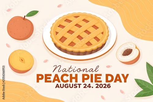 Delicious golden peach pie sitting on a white ceramic plate surrounded by fresh ripe sliced peaches and green leaves for the national peach pie day celebration on august twenty fourth