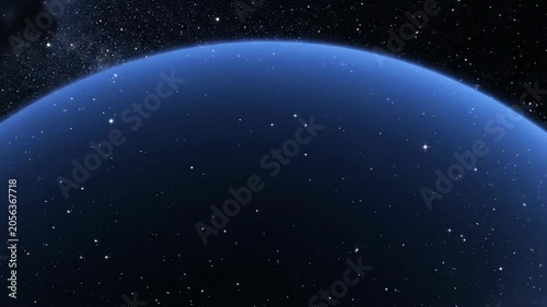 Curved horizon of a blue planet with stars scattered across a dark, starry sky