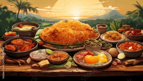 Abundant Tropical Feast Laid Out on a Wooden Table with a Scenic Sunset Backdrop.