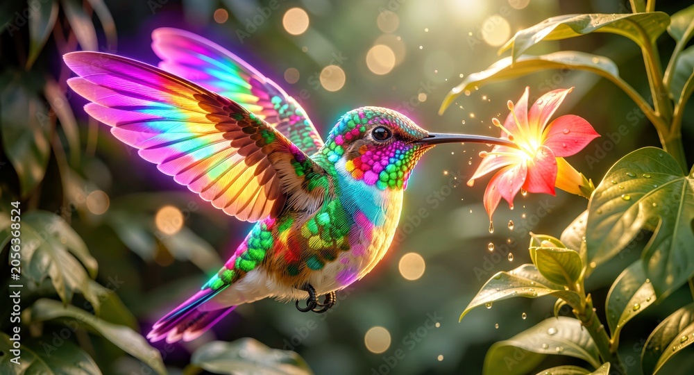 Obraz premium Exquisite rainbow hummingbird hovering near a glowing tropical flower in a lush garden.