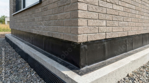 Close-up view of the foundation and brickwork of a modern building, showcasing the intersection of materials and construction quality.