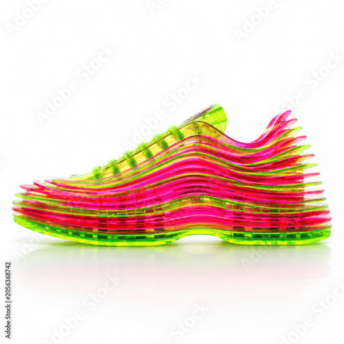 A pair of colorful transparent sneakers featuring vibrant neon pink and green hues. Modern footwear design with a unique aesthetic appeal.