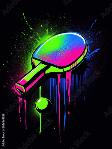 Digital illustration of a vibrant ping pong paddle with a ball, featuring neon colors and paint splashes. Sports and recreation concept.