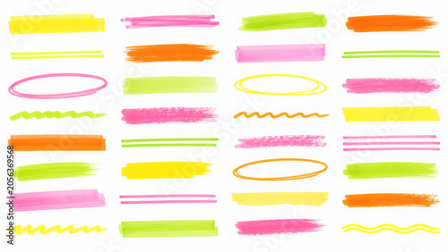 A collection of vibrant brush strokes and shapes in various colors including pink, green, yellow, and orange. Perfect for creative design and artistic projects.