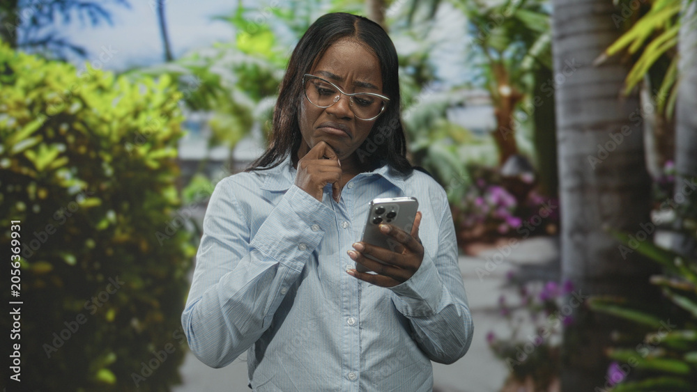 Fototapeta premium Woman holding smartphone with finger on chin and frowning while reading screen in studio; confusion troubleshooting.