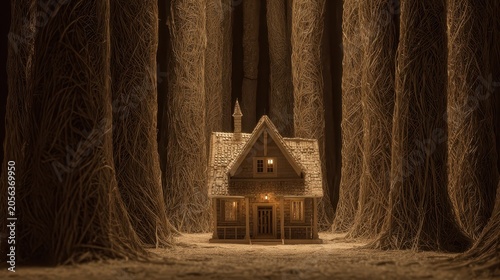A small cottage nestled in a dark forest.