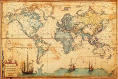 Historical world map showing trade route antique cartography vintage map old paper navigation chart global geography ocean route voyage record parchment texture merchant ship