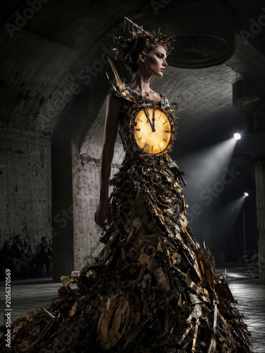 A fashion model showcases a unique dress made of clock parts, featuring a large clock face. The setting is an industrial space with dramatic lighting.