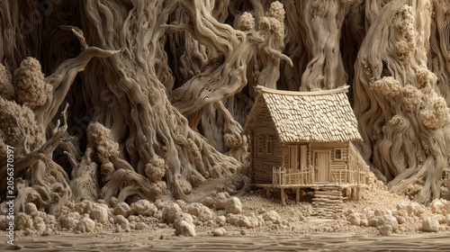 A detailed, intricately carved, miniature cabin nestled within a fantastical forest of sculpted wood.