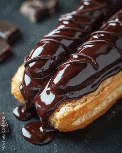 Two decadent chocolate eclairs with rich ganache dripping