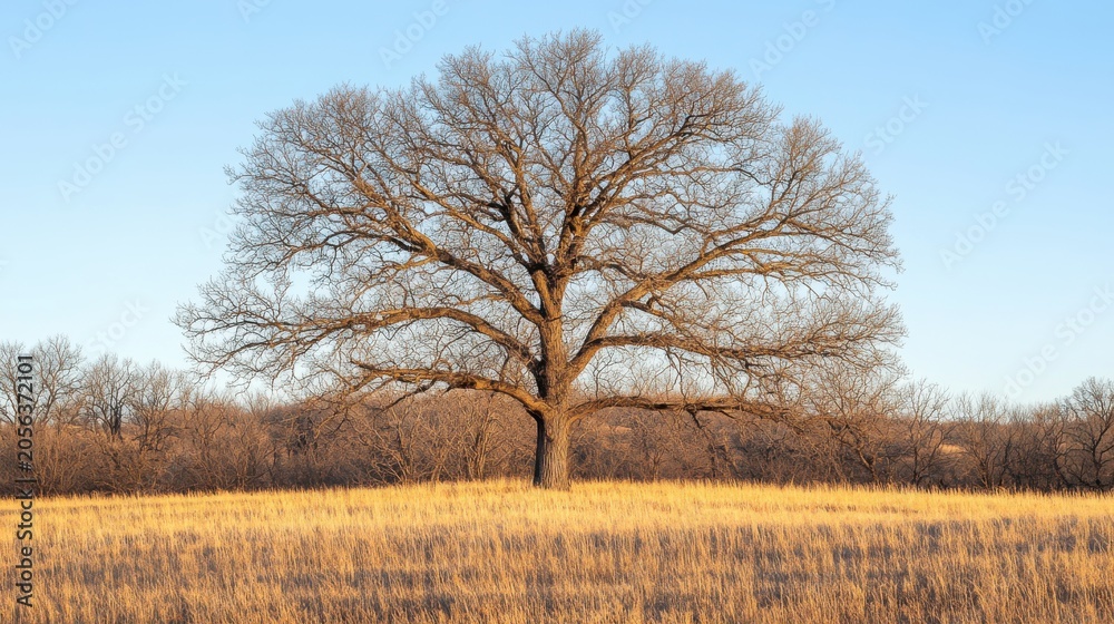 Fototapeta premium A solitary bare oak tree in a golden field under a blue sky