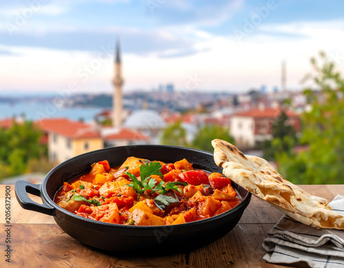 Cast Iron Pan Roasted Vegetable Stew with Flatbread on Wooden Table Overlooking Cityscape