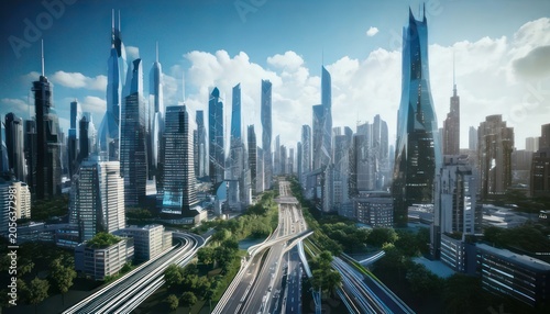 Futuristic Cityscape with Advanced Transportation and Green Spaces.