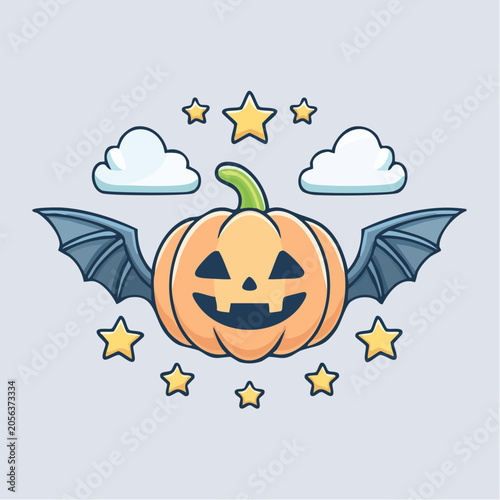 Cute Halloween Pumpkin with Bat Wings and Stars