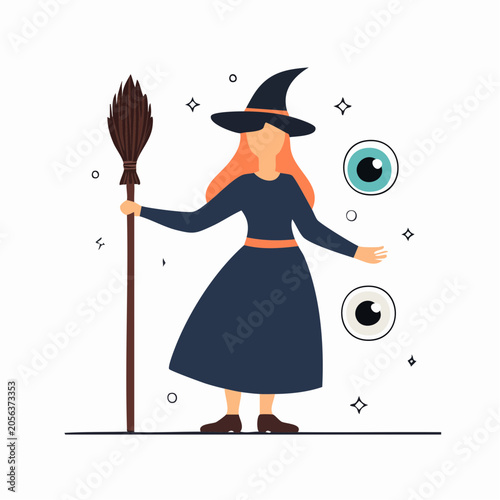 Flat Illustration of a Witch with a Broom and Floating Eyes