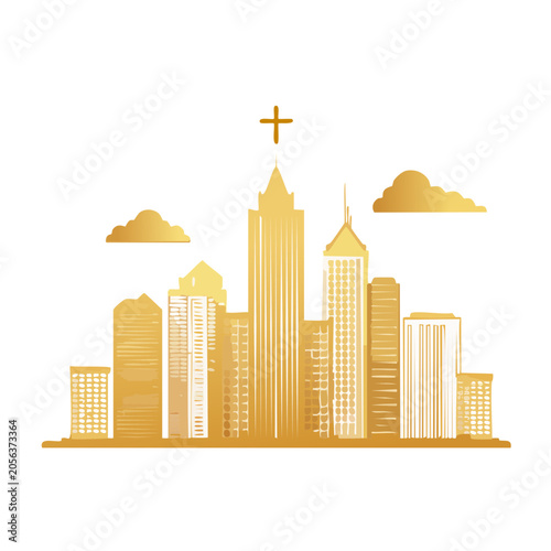 Golden city skyline with a cross and clouds