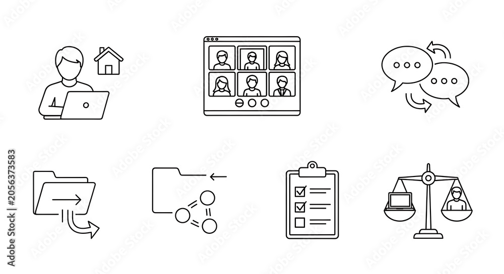 Fototapeta premium Workflows for remote communication and data management are illustrated with simple black line icons against a stark white background.