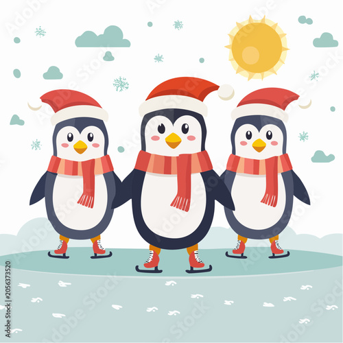 Three cute penguins ice skating in winter