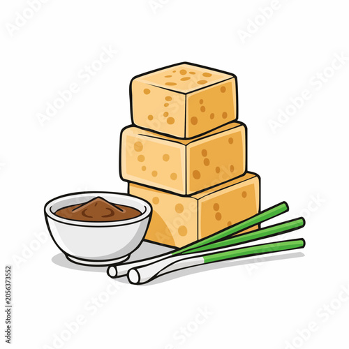 Tofu with Dipping Sauce and Scallions Illustration