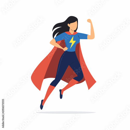 Woman Superhero Flying with Cape and Lightning Bolt Symbol