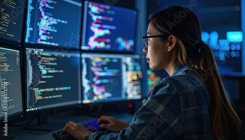 A person, glasses on, types at a keyboard facing multiple screens displaying code