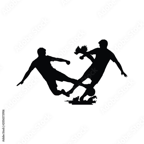 Canvas-taulu Silhouette of two soccer players tackling and fighting for the ball in a match