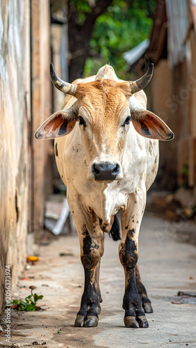 Brown and White Cow Standing in Narrow Alley
