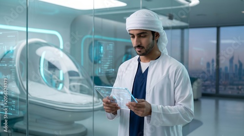 Arab doctor using futuristic transparent tablet in high-tech medical clinic with city view
