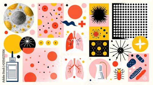 Abstract medical research collage with scientific symbols, microbiology, respiratory health and laboratory elements, modern healthcare infographic design for science and medicine concepts