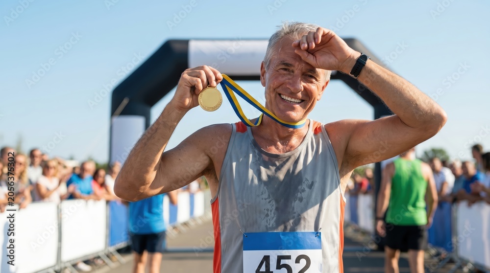 Obraz premium Senior Male Runner Celebrating Marathon Victory With Gold Medal Finish