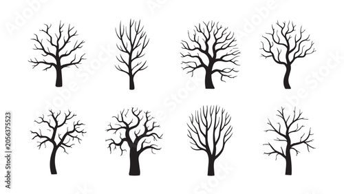 Eight silhouette bare trees in winter season isolated on transparent background.