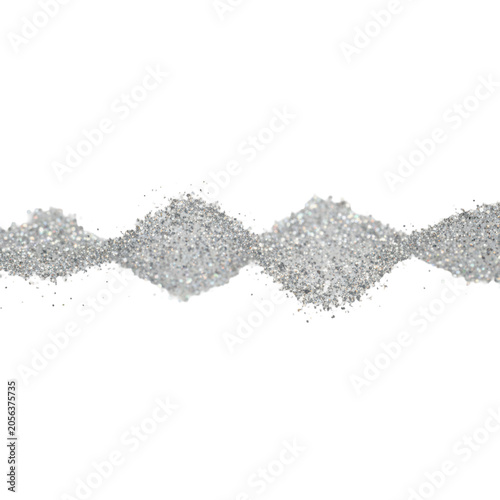 Swirling wave of iridescent silver glitter particles flowing gracefully across a minimalist light grey studio background, ethereal luxury and serene energy