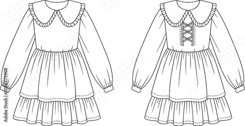 Foto Fashion technical sketch of a girls long sleeve dress with a peter pan collar ru