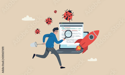 Foto Programming big software concept, young nerd programmer, coder or software teste