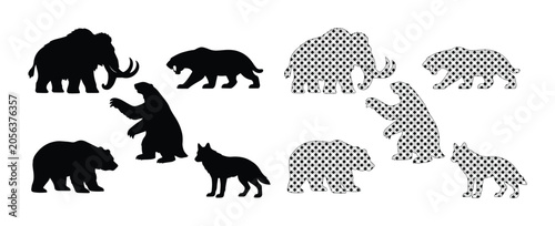 Mammoth, Bear, and Wolf Silhouettes, Ancient Fauna Vector Icons, Prehistoric Wildlife Graphics, Ice Age Animals Set, Black and White Animal Shapes