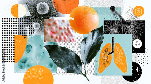 Abstract healthcare collage with medical research elements, respiratory health, microbiology and botanical science, modern scientific composition for medicine, biotechnology and wellness concepts