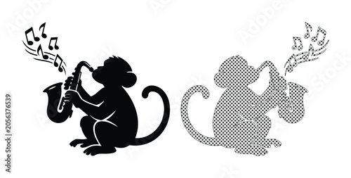 Photography Playful Monkey Saxophonist Vector Art, Silhouette and Halftone Styles, Musical N