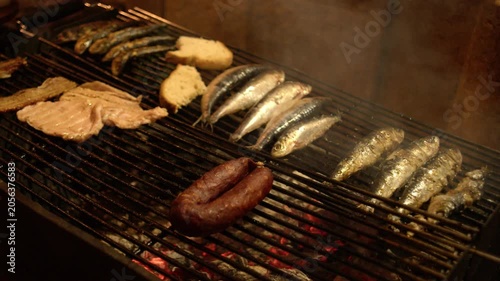 Grilled Sardines Chorizo Sausage and Pork Bifanas Street Food at Santos Populares Lisbon Portugal Shot with Cinema Camera