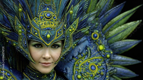 Exotic Warrior Princess: A stunning close-up of a woman adorned in an elaborate, futuristic blue and gold headdress and costume, featuring intricate beadwork and feather-like embellishments.