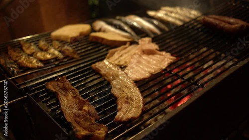Portuguese Festival Food with Grilled Sardines Chorizo Sausage and Pork Bifanas Lisbon Portugal Shot with Cinema Camera